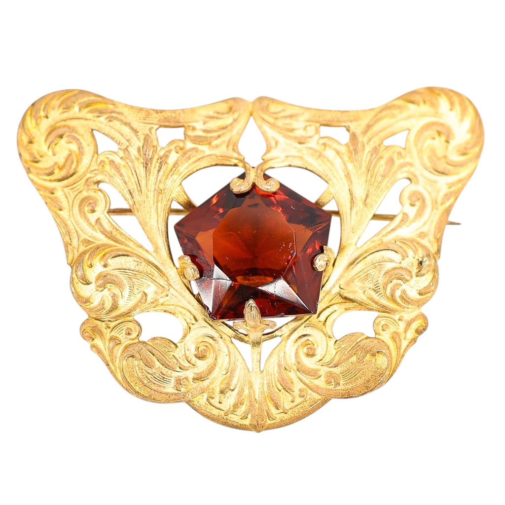 Antique Art Nouveau Gold Wash Brooch with Large Amber Glass Stone