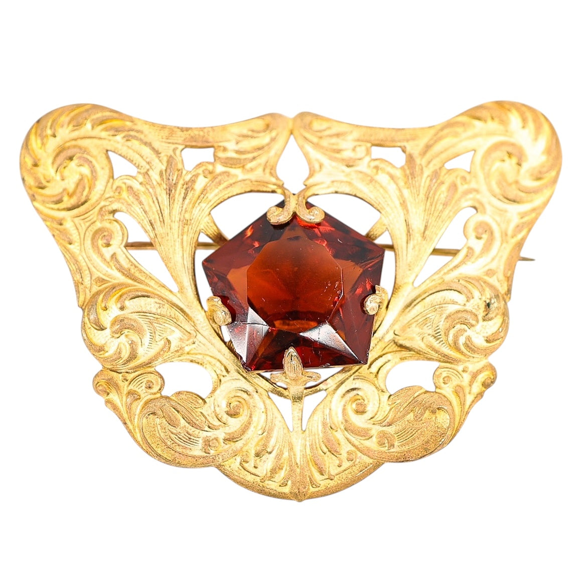 Antique Art Nouveau Gold Wash Brooch with Large Amber Glass Stone