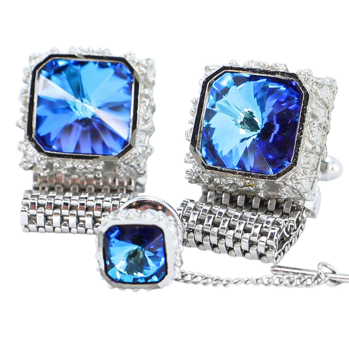 Vintage Dante Electric Blue Rivoli Glass Cufflinks Tie Tack Set Silver Tone Signed