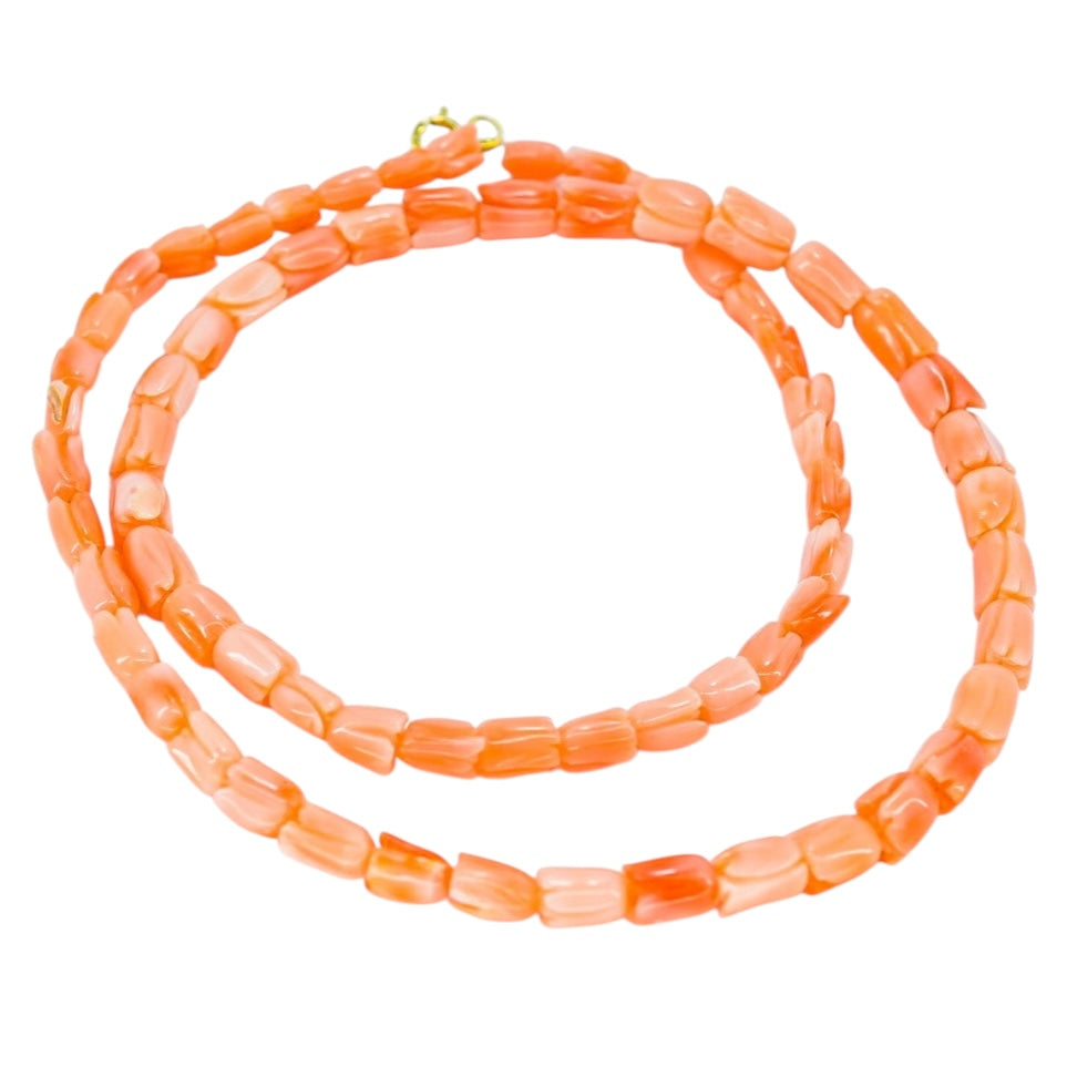Vintage Carved Tulip Bud Salmon Pink Coral Necklace 15.5” 11.5 g