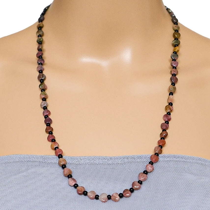 Pink & Green Genuine Tourmaline Heart Bead Necklace 24” October Birthstone