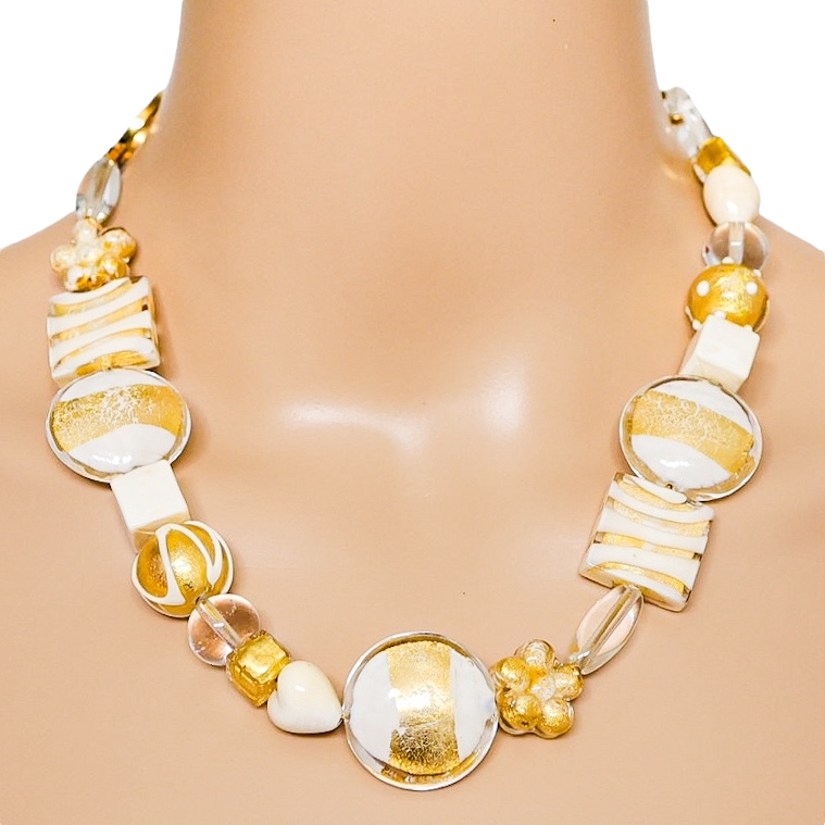 OroVetro - Signed Murano Necklace & Bracelet Set - Cream And Gold Foil Beads