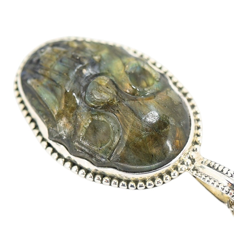 Large Artisan Carved Labradorite Scull Pendant Necklace In Sterling Silver
