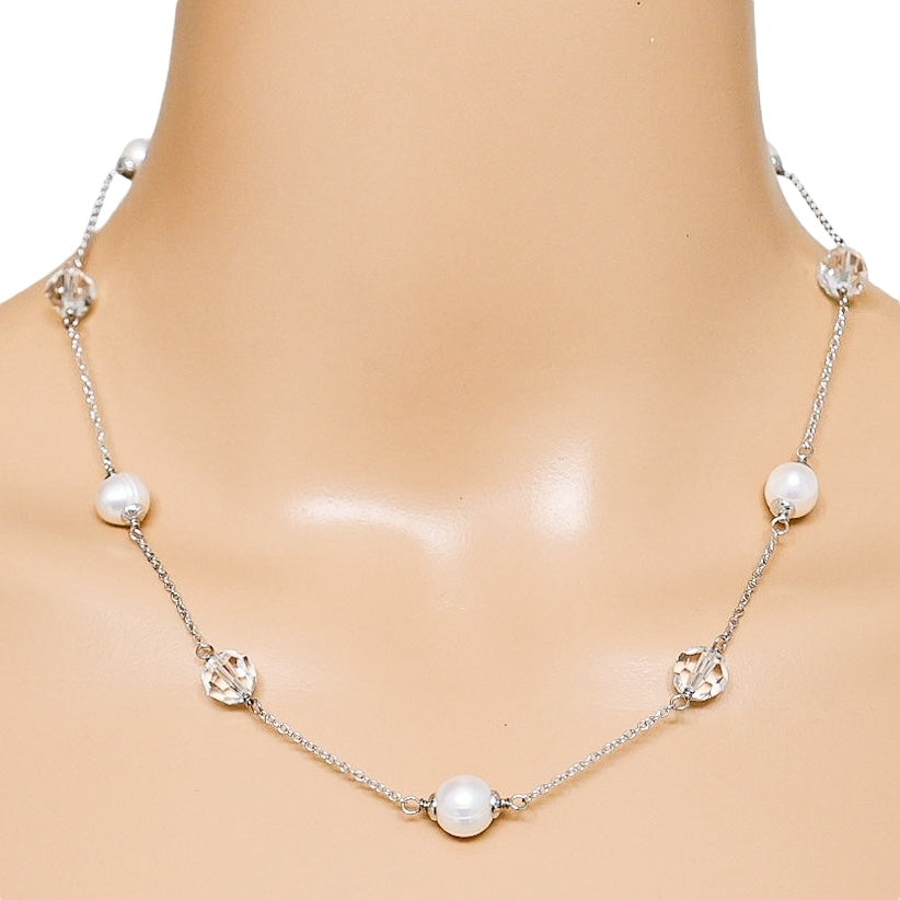 Honora Cultured Pearl Necklace with Faceted Clear Crystals, Sterling Silver