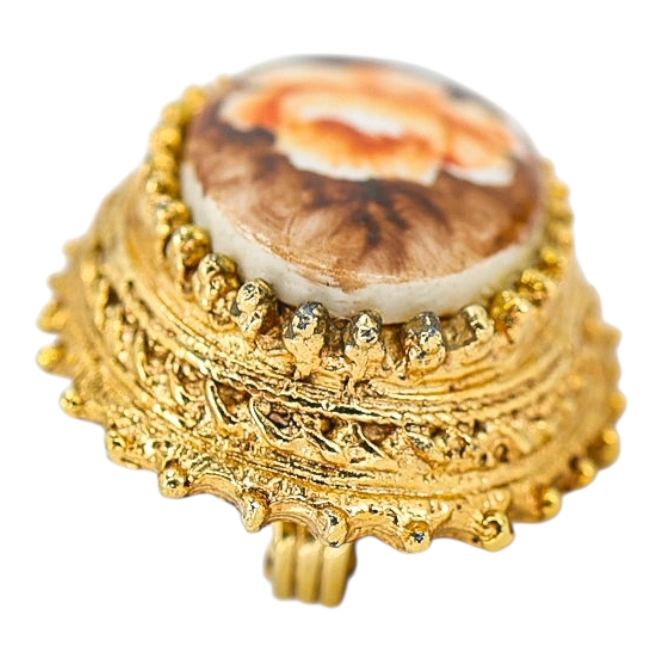 Vintage Florenza Hand-Painted Porcelain Cabochon Earrings, Ornate Gold Tone Filigree Clip-Ons