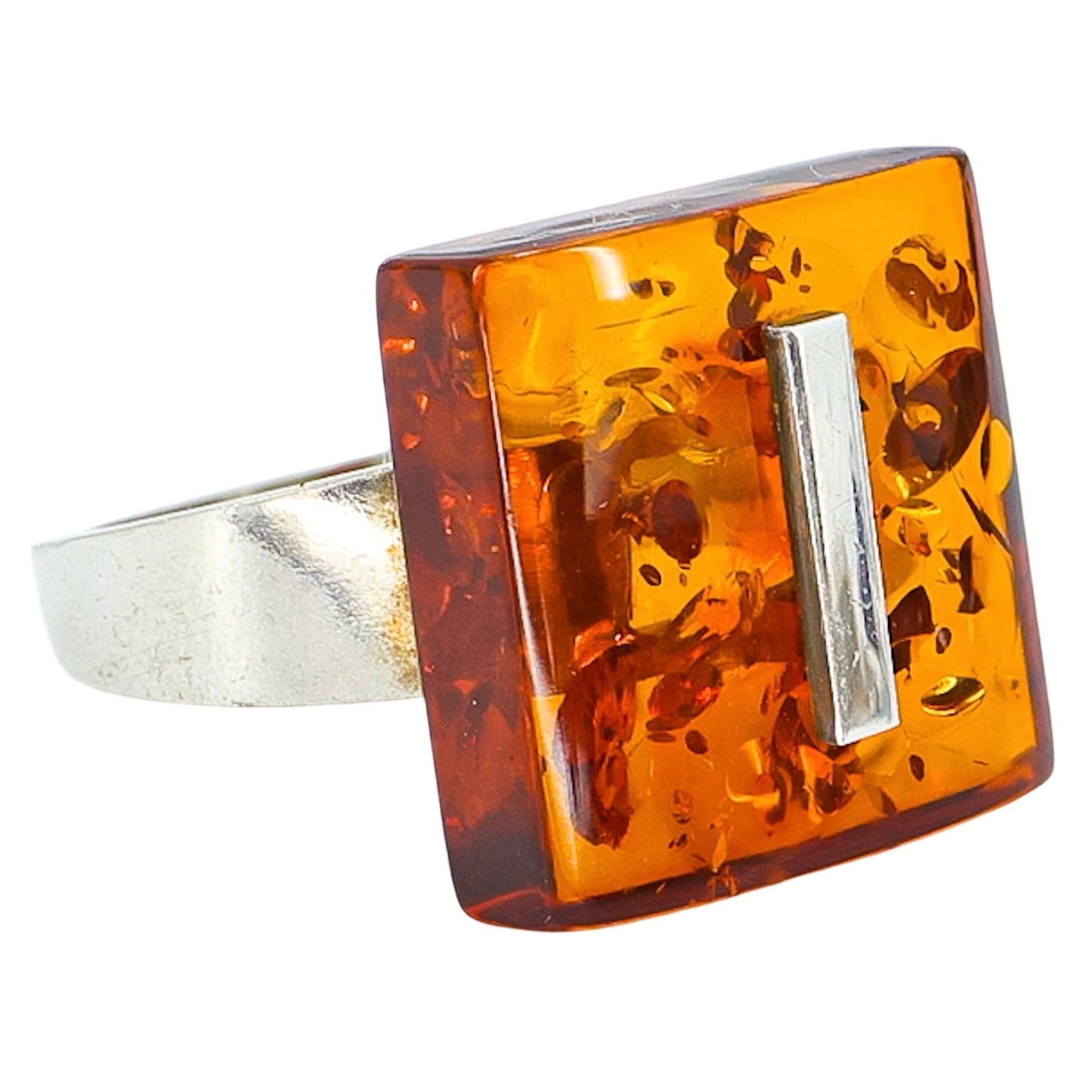 Vintage Polish 925 Sterling Silver Baltic Amber Ring Size 8 Modernist Unisex