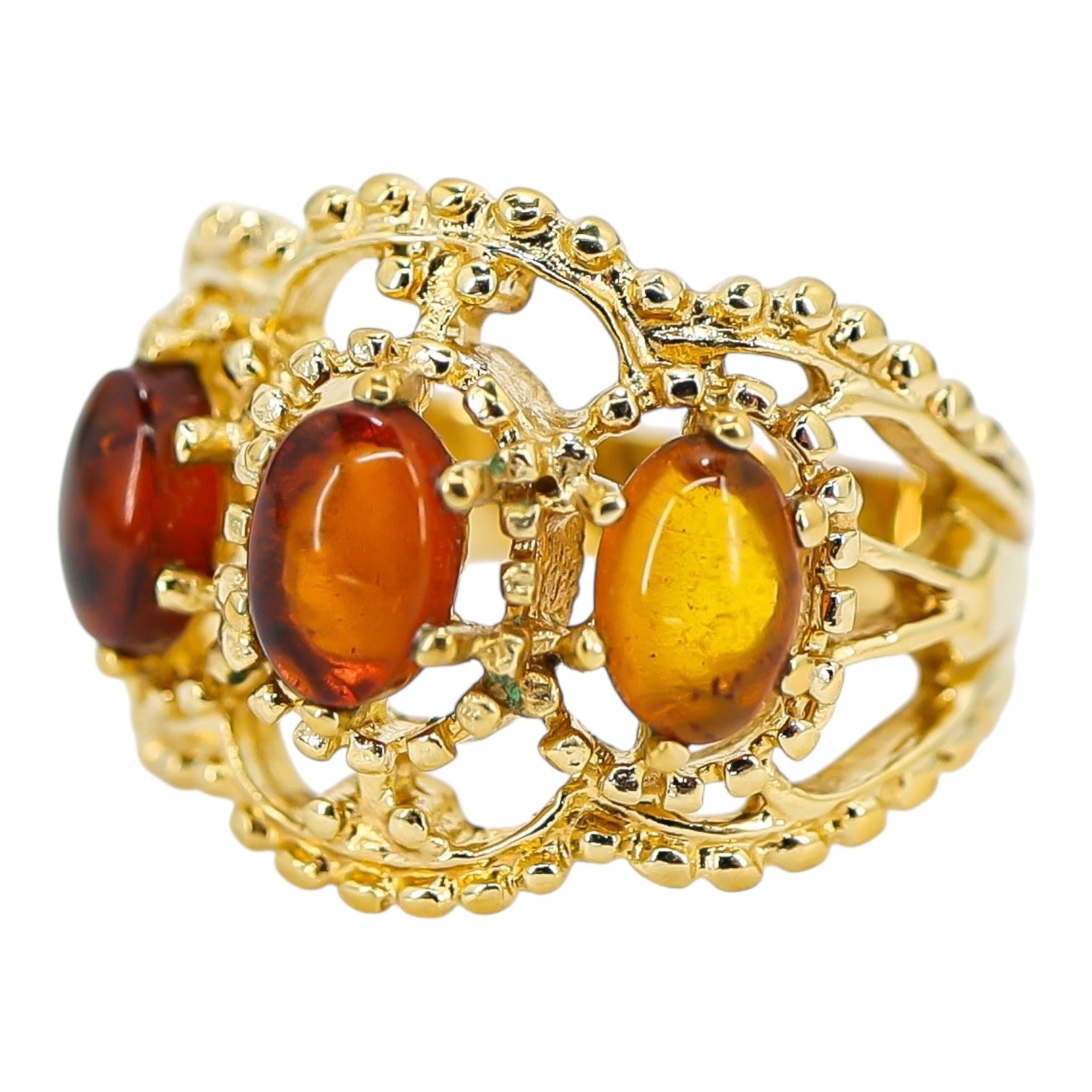 14K Gold-Plated Stainless Steel Baltic Amber Ring – Architectural Openwork Statement 3 Cabs