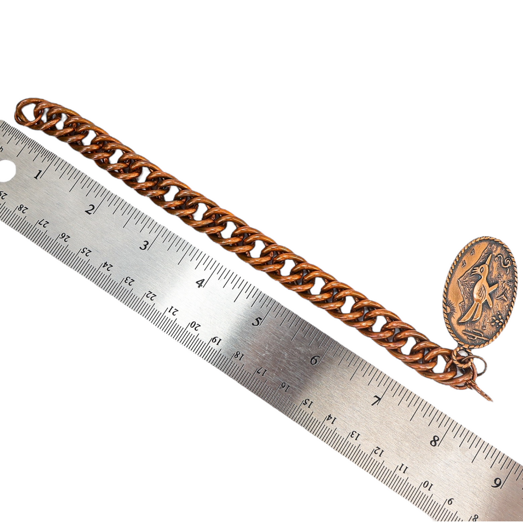 Vintage Solid Copper Curb Chain Bracelet with Bell Trading Post Roadrunner Charm – Southwestern Style