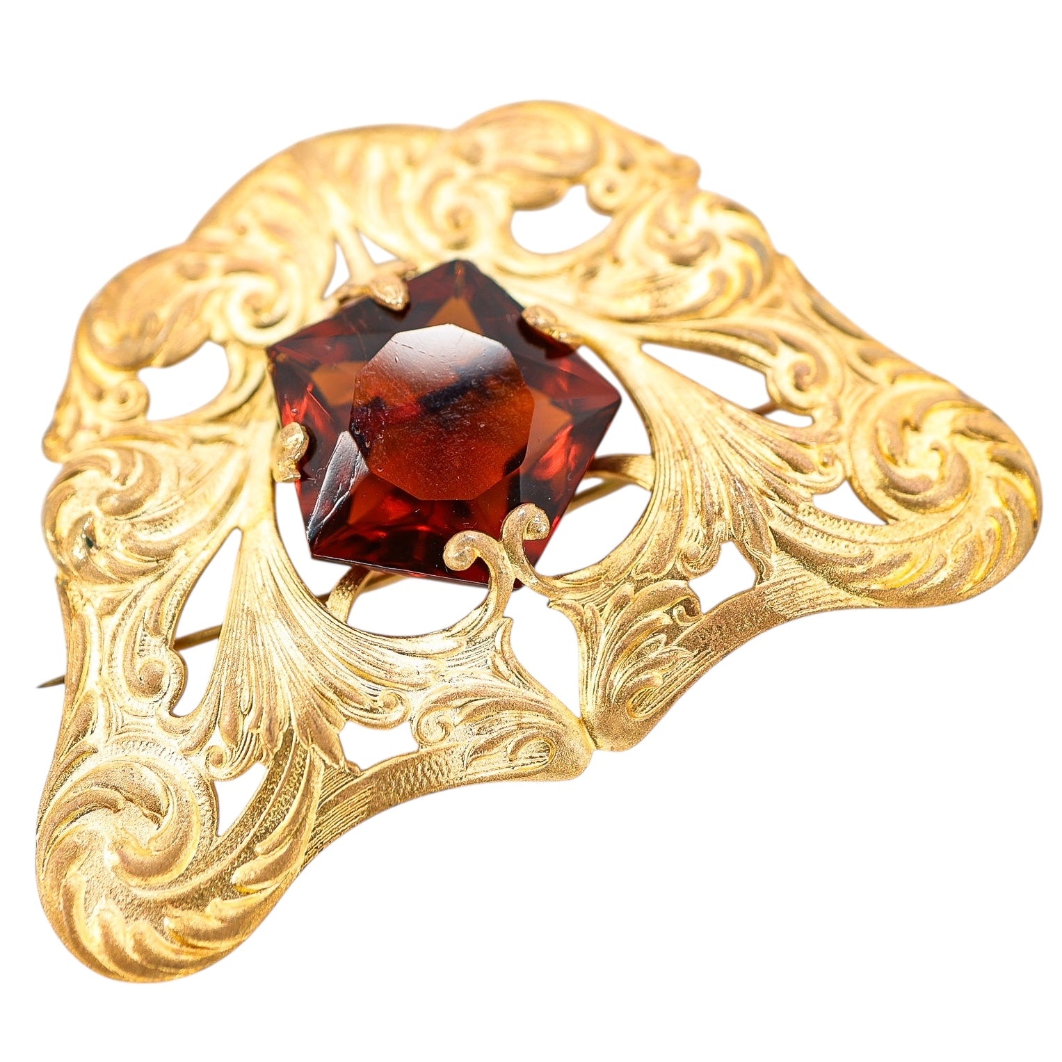 Antique Art Nouveau Gold Wash Brooch with Large Amber Glass Stone