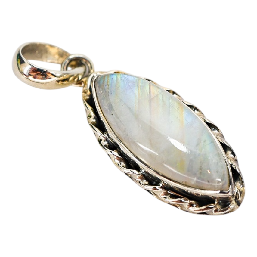 Vintage Rainbow Moonstone Pendant – Sterling Silver SJ925, Marquise Cabochon