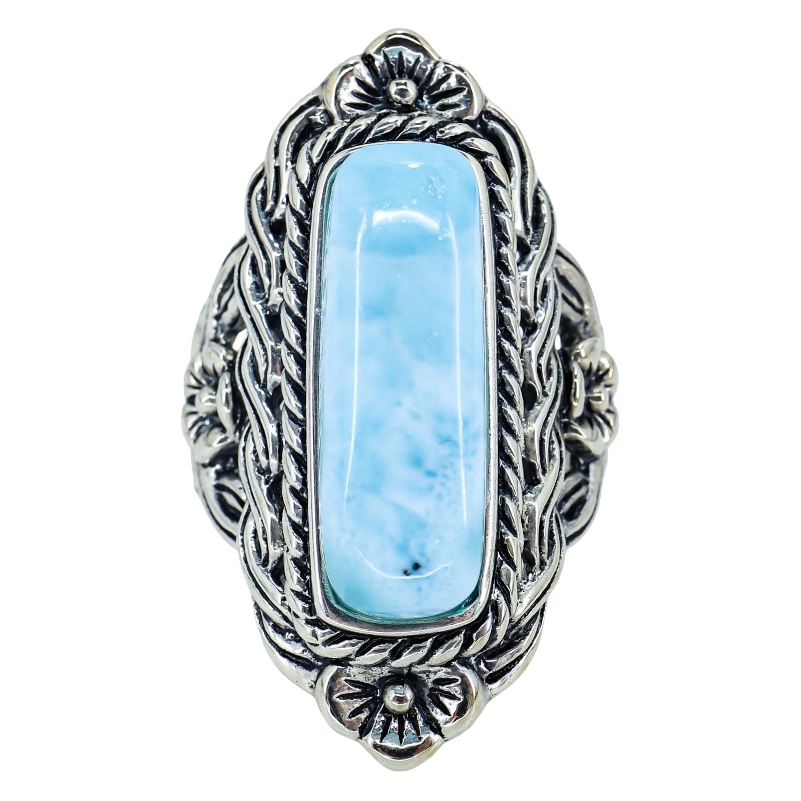 BBJ 925 Sterling Silver Larimar Ring Ornate Braded Scroll Frame Size 6.75 9.3g