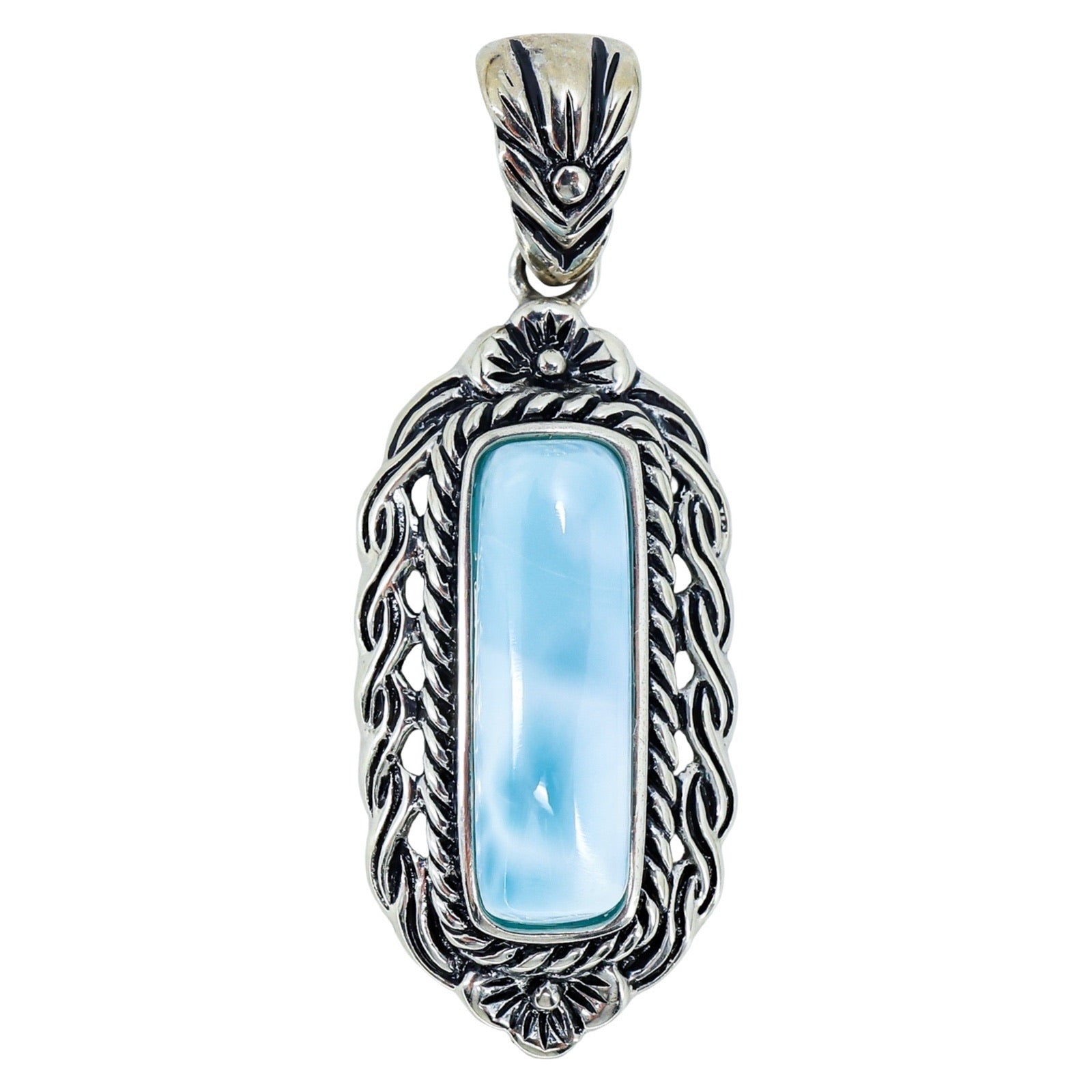 BBJ 925 Sterling Silver Larimar Bar Pendant Ornate Braded Scroll Frame 1.75”