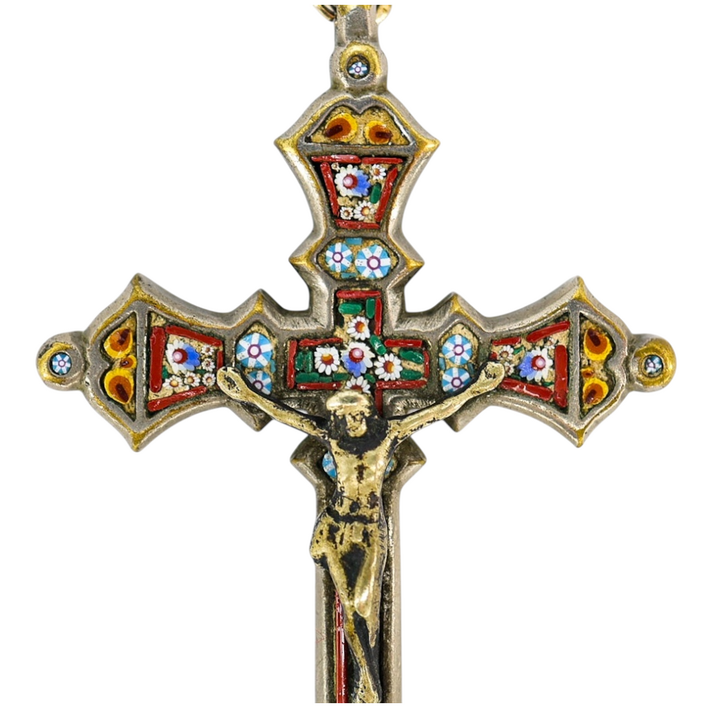 Vintage Italian Micro Mosaic Crucifix Pendant Necklace