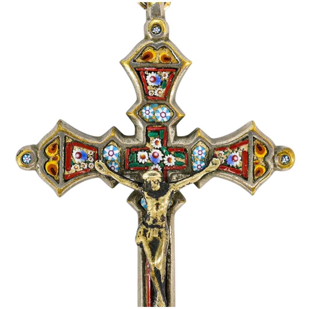 Vintage Italian Micro Mosaic Crucifix Pendant Necklace