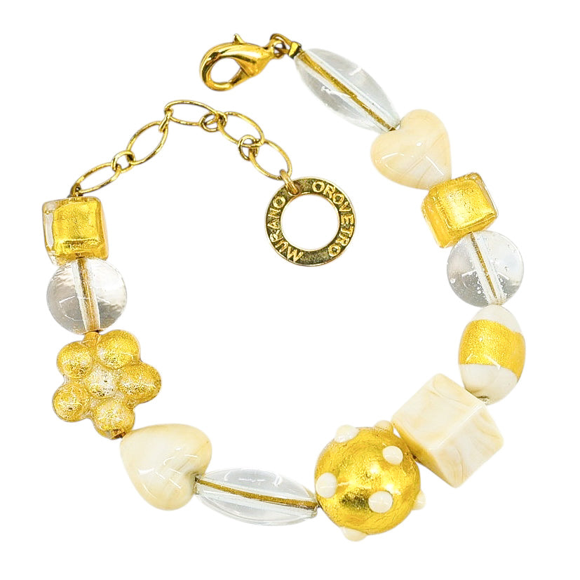OroVetro - Signed Murano Necklace & Bracelet Set - Cream And Gold Foil Beads