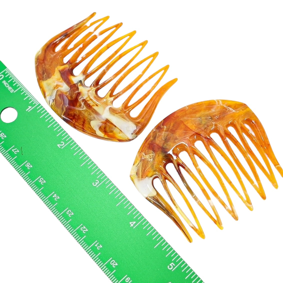 Vintage Made In France Orange Hair Combs Marbled Cellulose Acetate, Set of 2