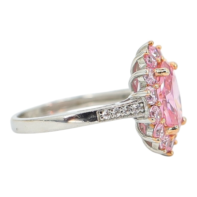 Sterling Silver Pink Cubic Zirconia Halo Ring – Oval Center, Pavé Accents - Size 7