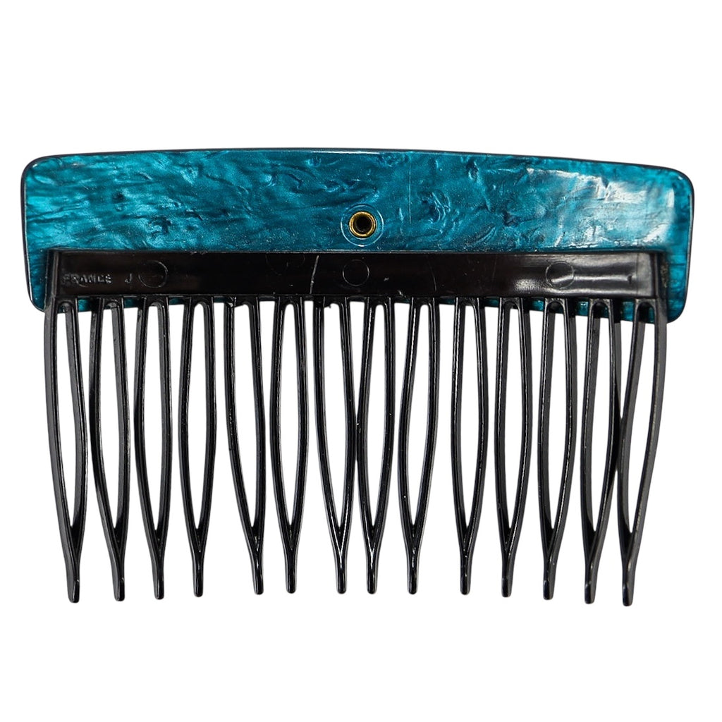 Vintage 30s–50s French Hair Comb Teal Marbled Acetate Applied Filigree