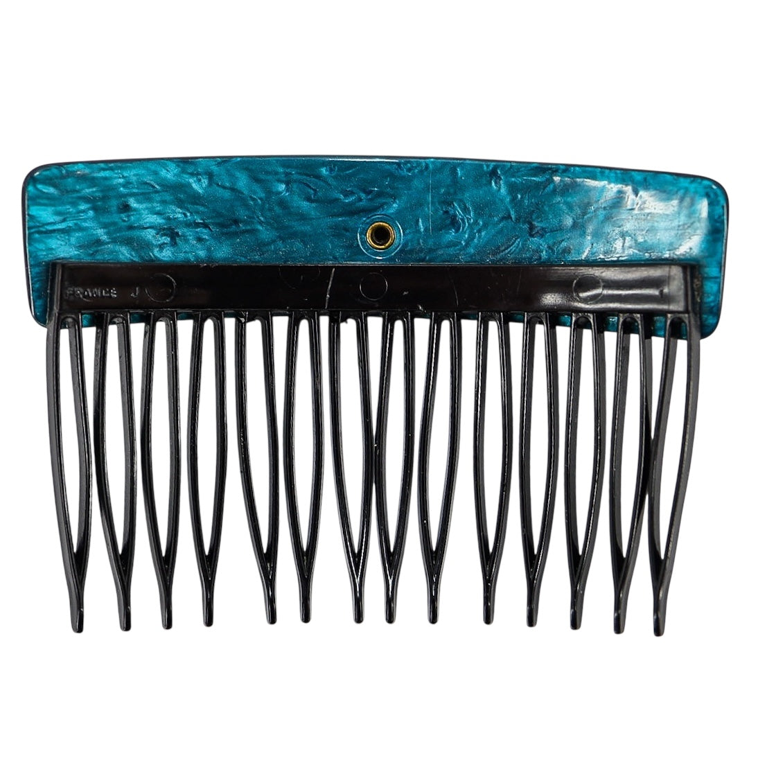 Vintage 30s–50s French Hair Comb Teal Marbled Acetate Applied Filigree