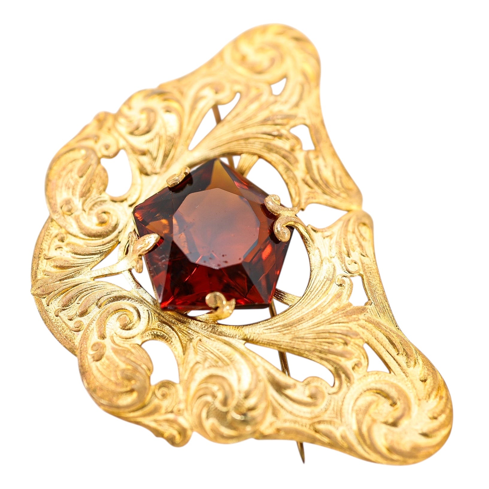 Antique Art Nouveau Gold Wash Brooch with Large Amber Glass Stone