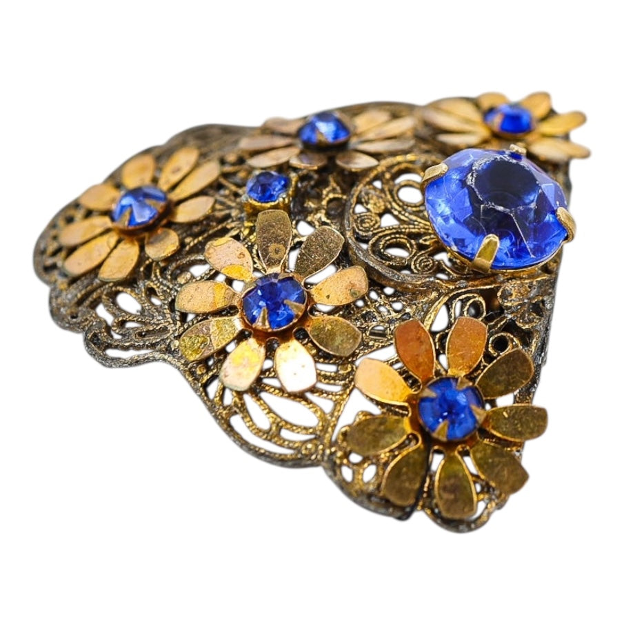 Vintage 1930s Blue Rhinestone Filigree Brass Flora Fur Clip / Dress Clip