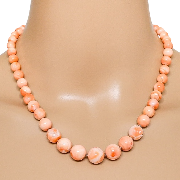 Salmon Pink Peach Momo Coral Necklace - New Strung w NOS Beads - 40g 18”