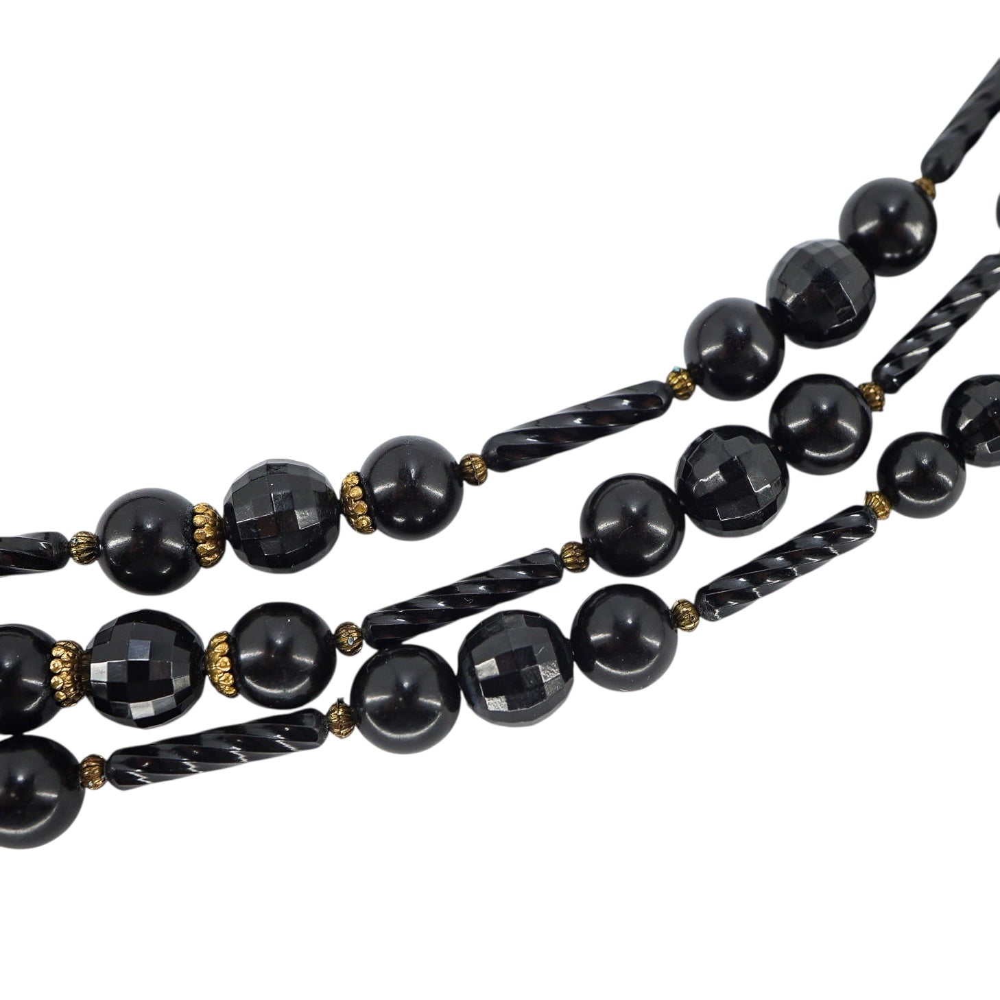 Vintage MCM Cellulose Acetate Ornate Black Beaded 3 Strand Necklace