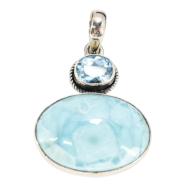 Large Sterling Silver Larimar & Blue Topaz Pendant – 2” x 1.25”