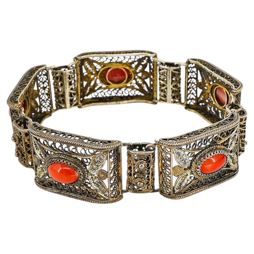 Vintage 1930s Italian Gilded 800 Silver Filigree Bracelet with Natural Coral – Firenze Maker