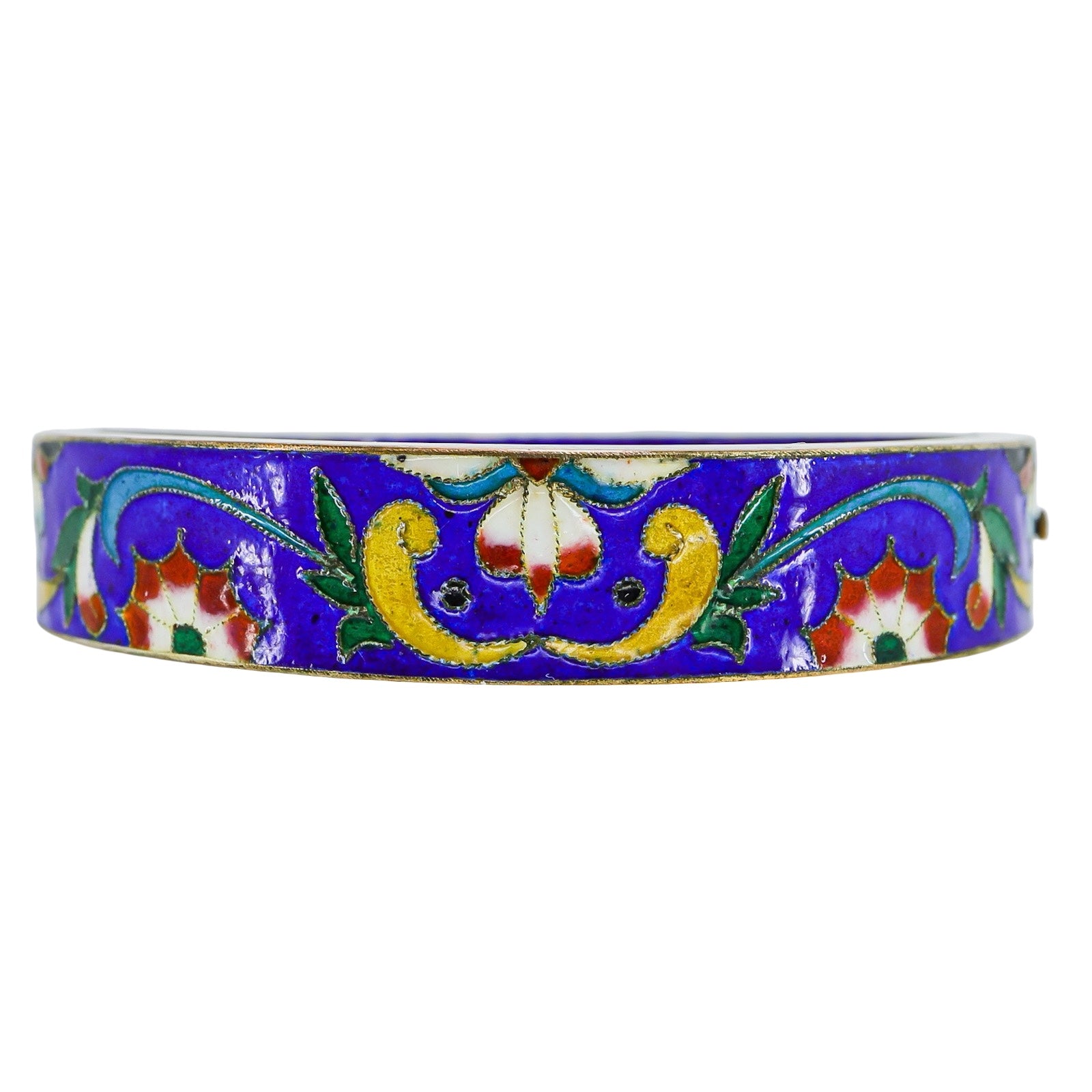 Vintage Chinese Cloisonné Hinged Bangle Bracelet Cobalt Blue Enamel Brass 2.5”