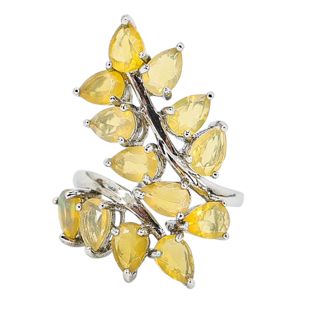 Sterling Silver Ethiopian Yellow Opal Leaf Ring, Size 8 – Pear-Cut Stones with Subtle Play of Color