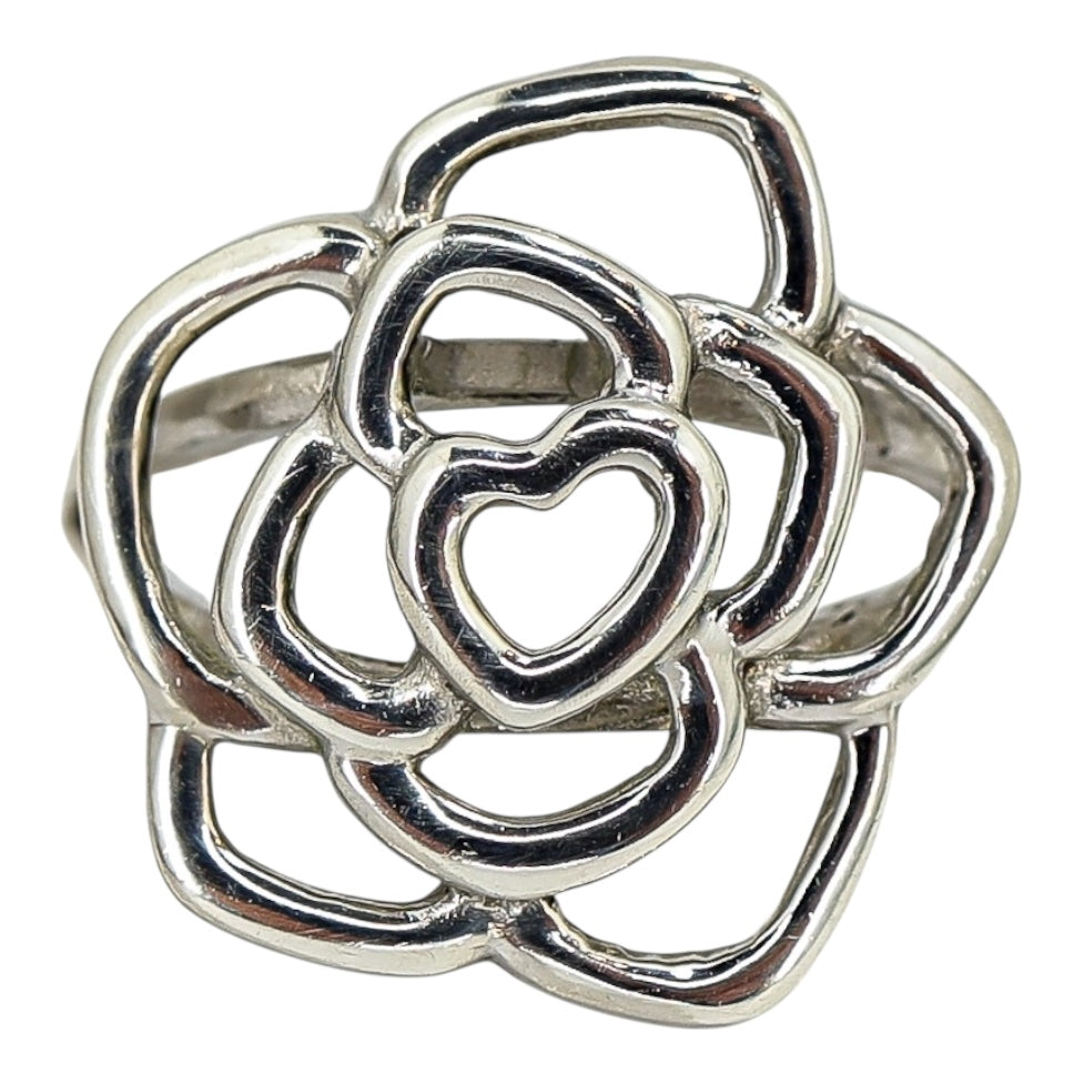 Sterling Silver Open Flower Ring with Heart Motif - Artisan Cast- 3.7G Size 9