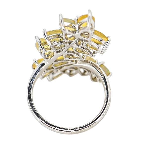 Sterling Silver Ethiopian Yellow Opal Leaf Ring, Size 8 – Pear-Cut Stones with Subtle Play of Color