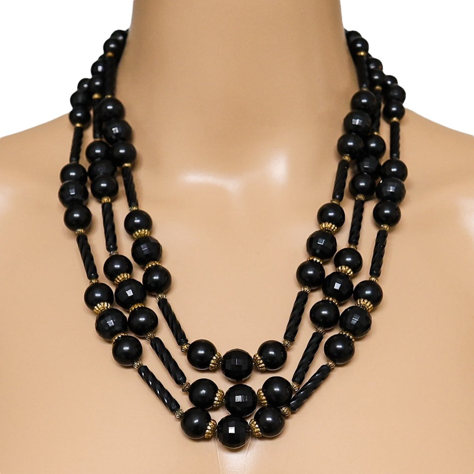 Vintage MCM Cellulose Acetate Ornate Black Beaded 3 Strand Necklace