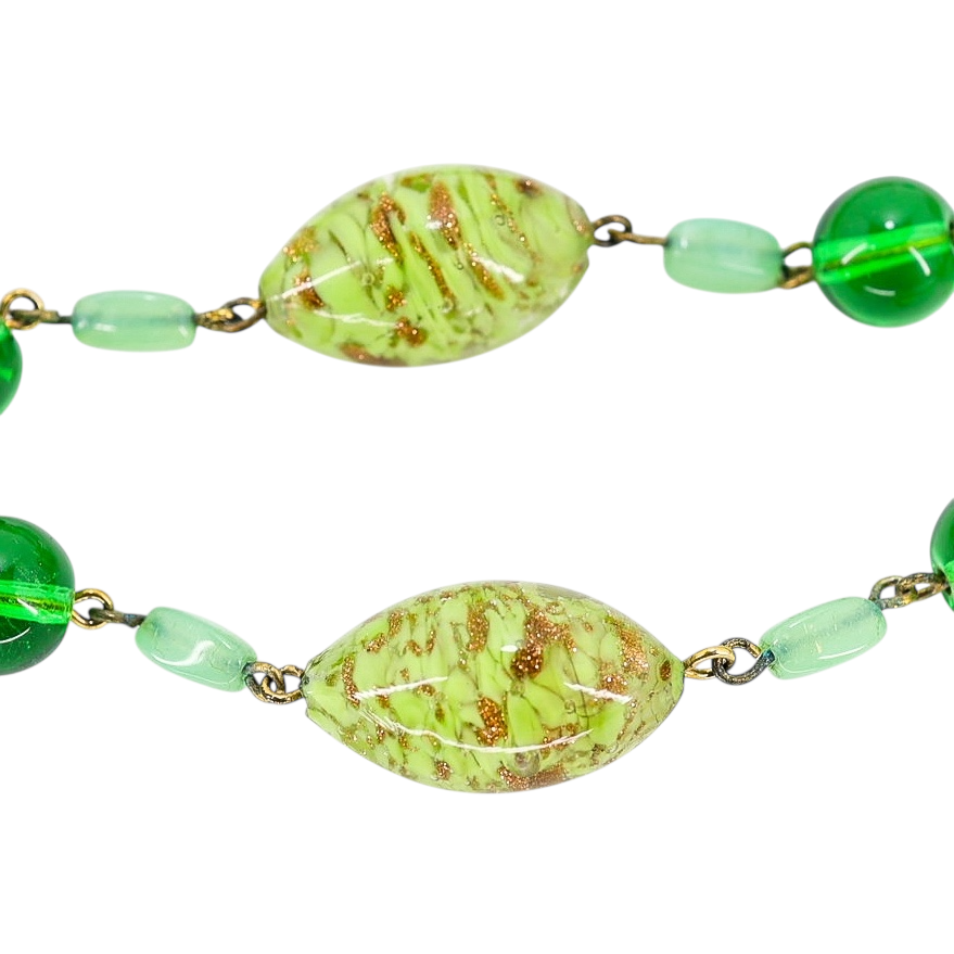 Vintage Murano Green Art Glass Necklace Aventurine Copper Flecks