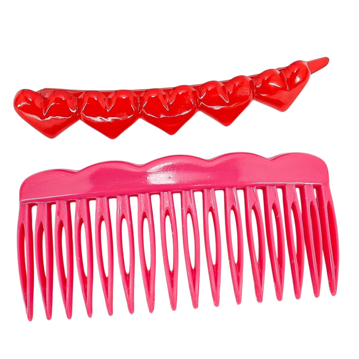 Vintage Girly Hair Accessories - Pink Comb & Kawaii Red Hearts Barrette Marked France