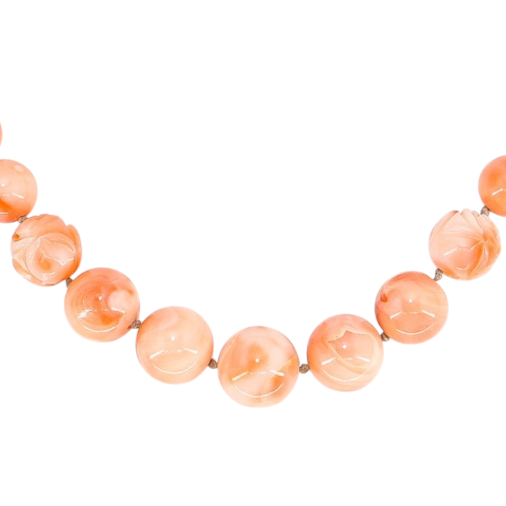 Salmon Pink Peach Momo Coral Necklace - New Strung w NOS Beads - 40g 18”