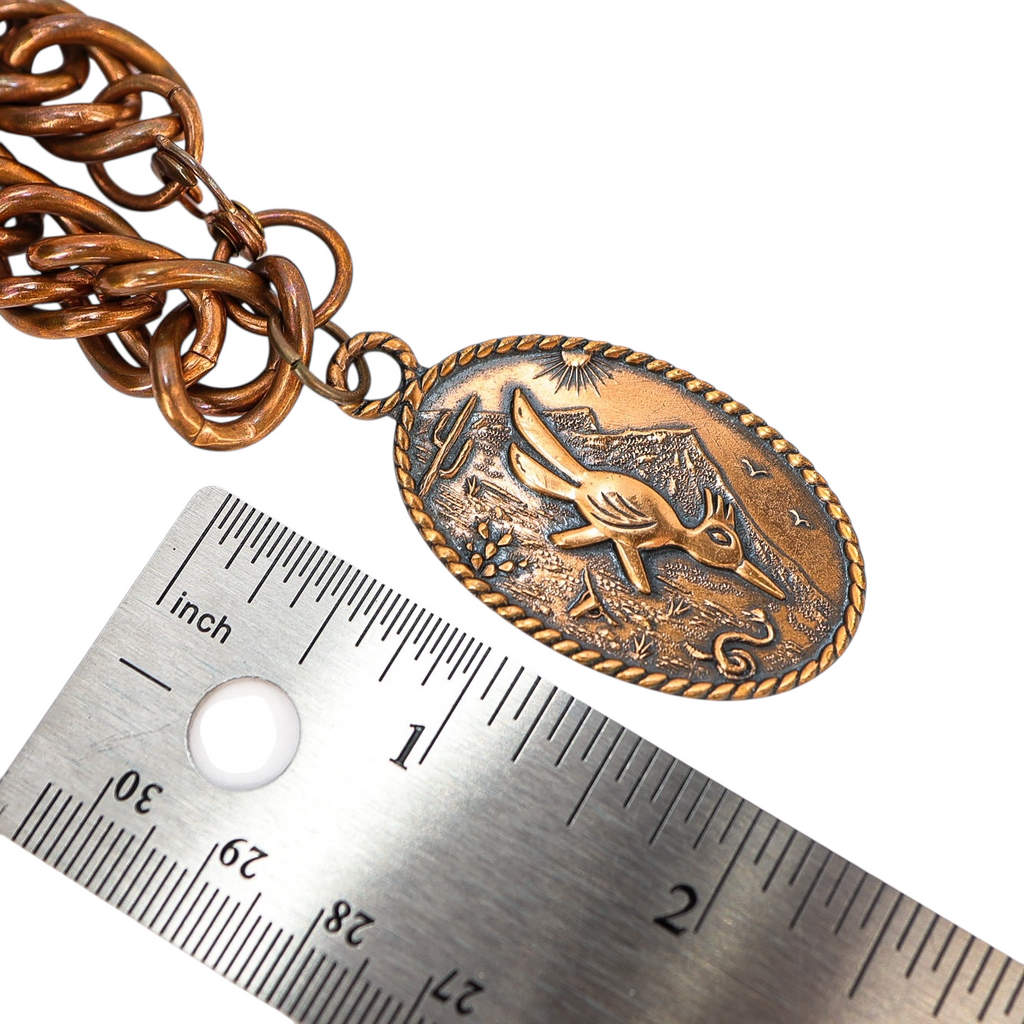 Vintage Solid Copper Curb Chain Bracelet with Bell Trading Post Roadrunner Charm – Southwestern Style