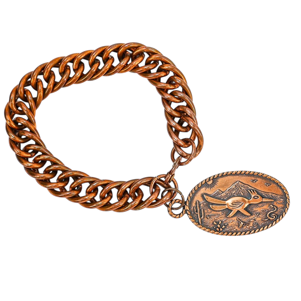 Vintage Solid Copper Curb Chain Bracelet with Bell Trading Post Roadrunner Charm – Southwestern Style