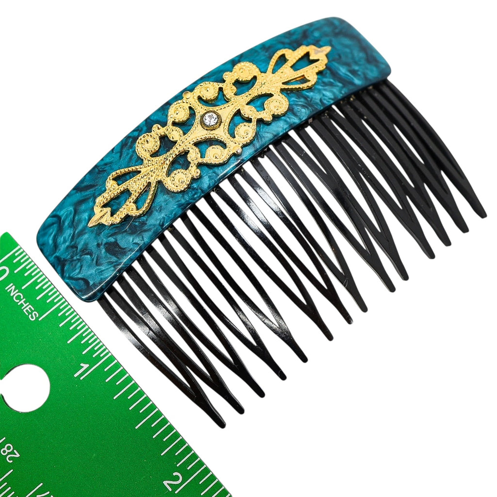 Vintage 30s–50s French Hair Comb Teal Marbled Acetate Applied Filigree