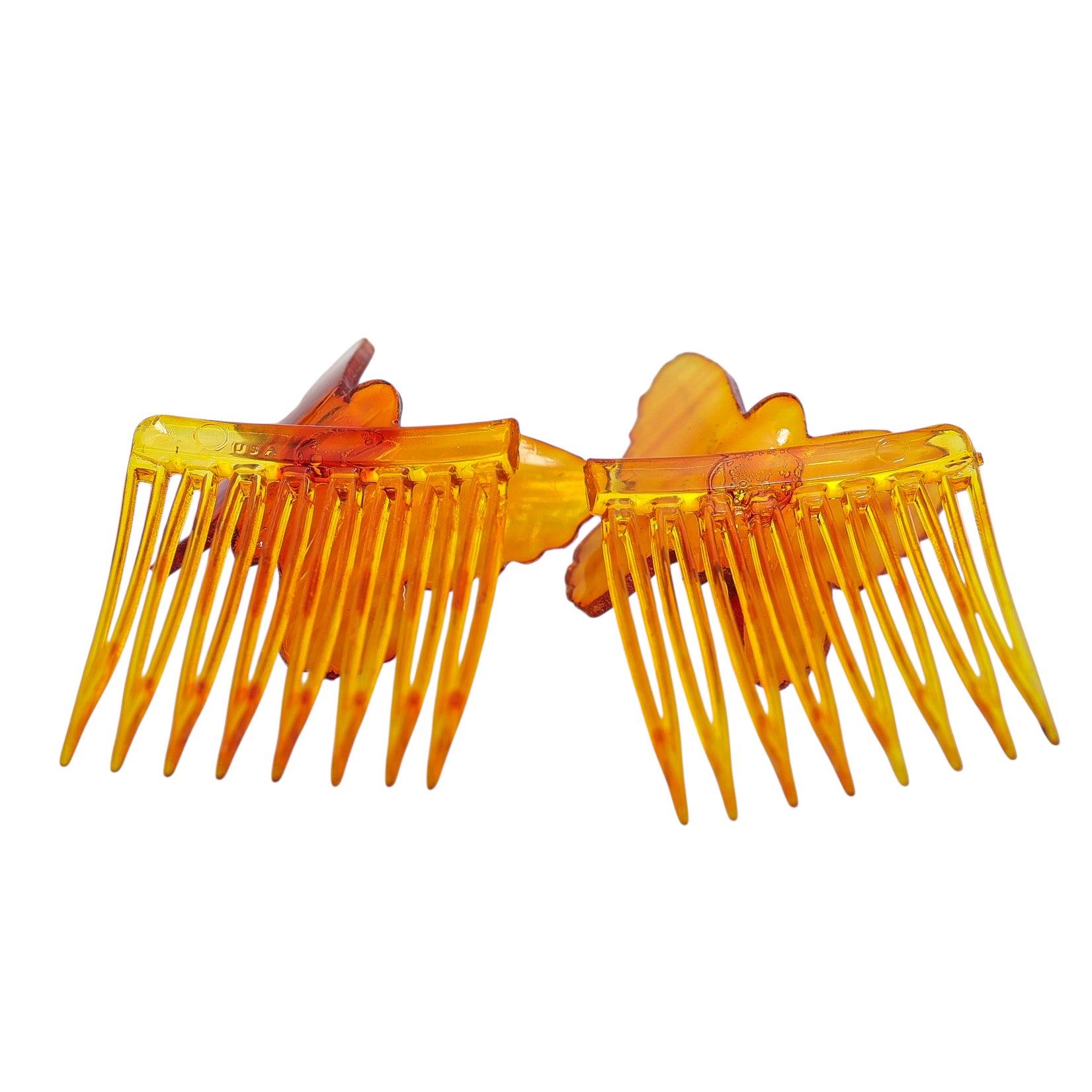 Vintage Amber Celluloid Butterfly Hair Combs, Made in USA – 1940s Factory-Split Pair from Single Mold