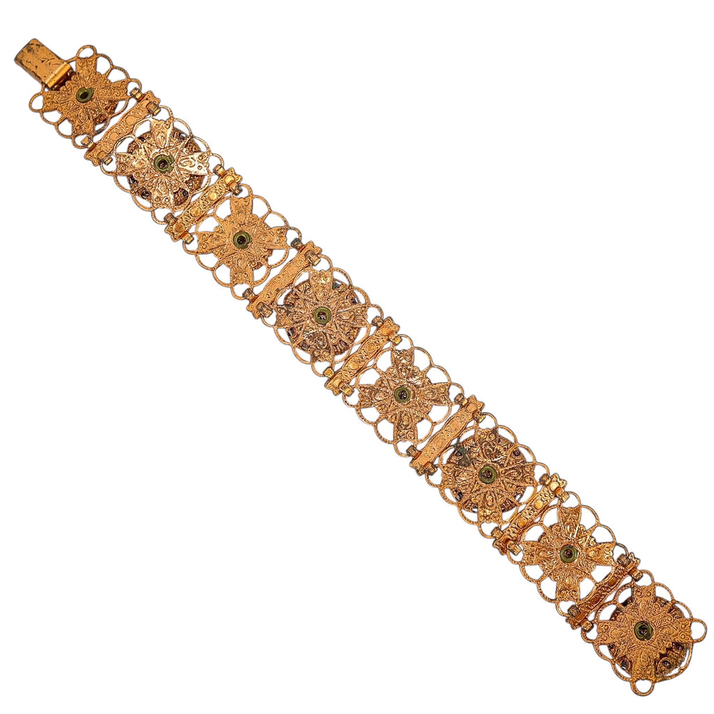 Vintage Copper Filigree Bracelet with Goldstone Art Glass Cabochons