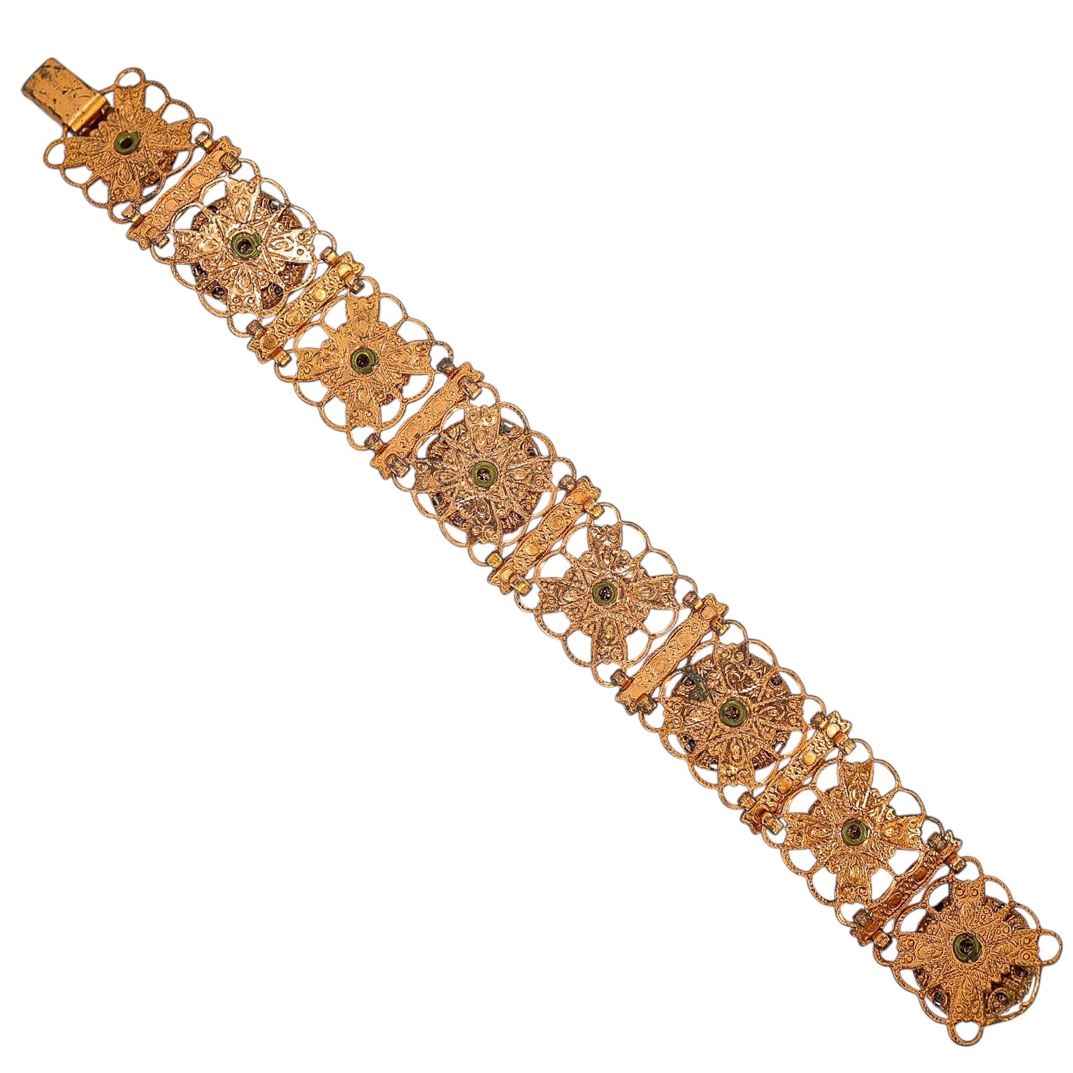 Vintage Copper Filigree Bracelet with Goldstone Art Glass Cabochons