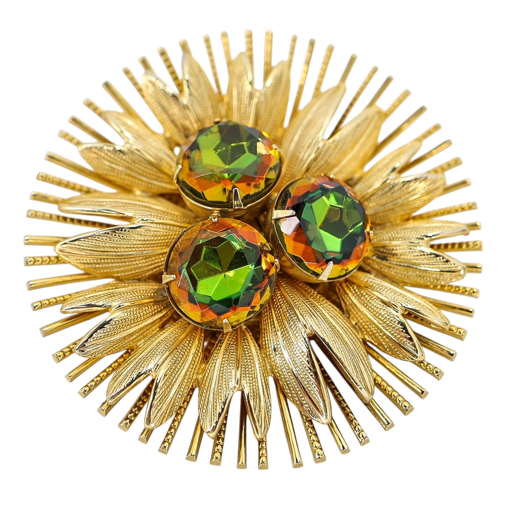 Large Vintage Watermelon Glass Rhinestone Brooch - Starburst Design