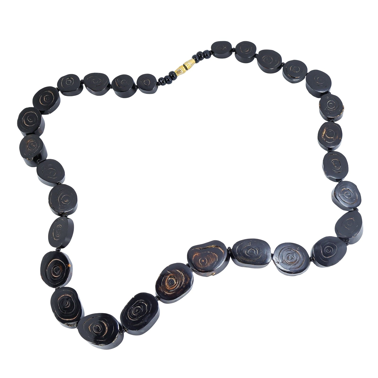 Vintage Water Buffalo Black Horn Bead Necklace Spiral Disc Tribal Boho Statement 17.5”