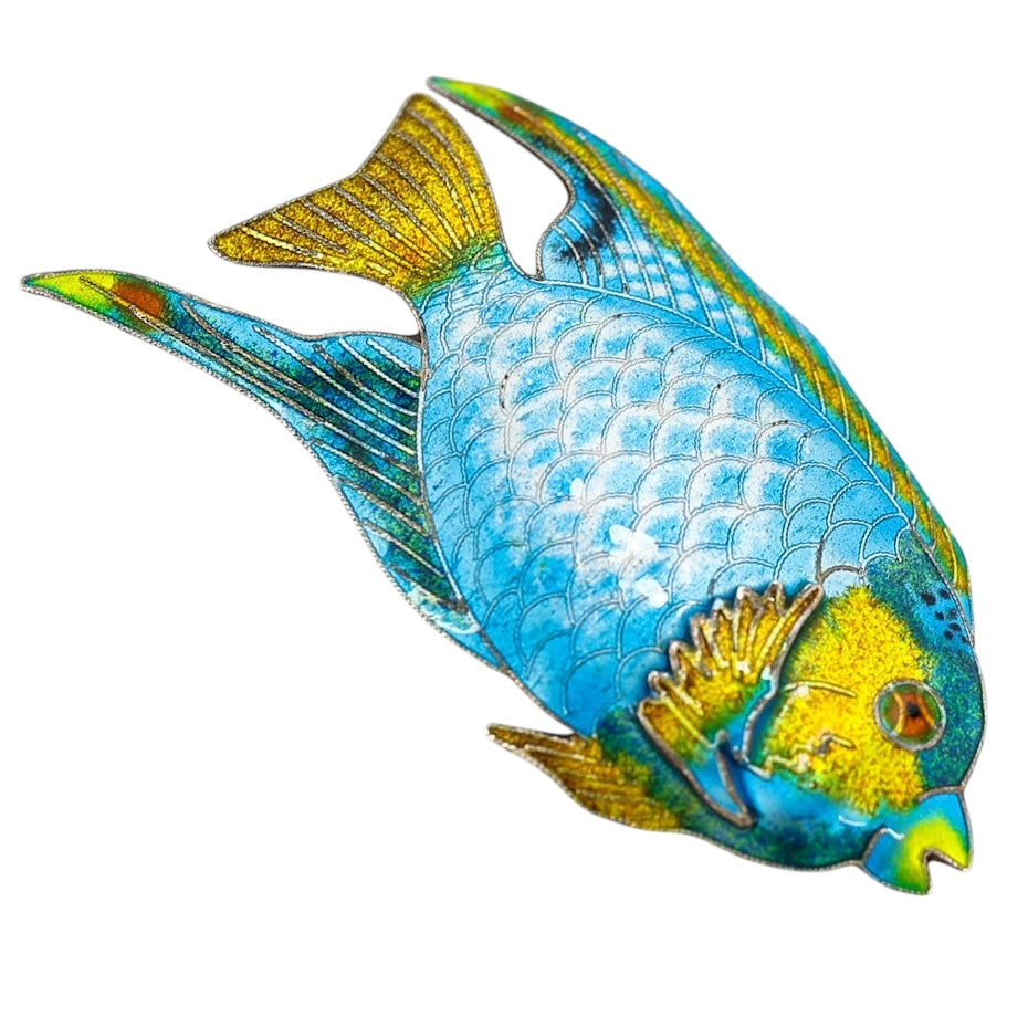 Vintage Blue Enamel Tropical Angel Fish Brooch Silver Plated