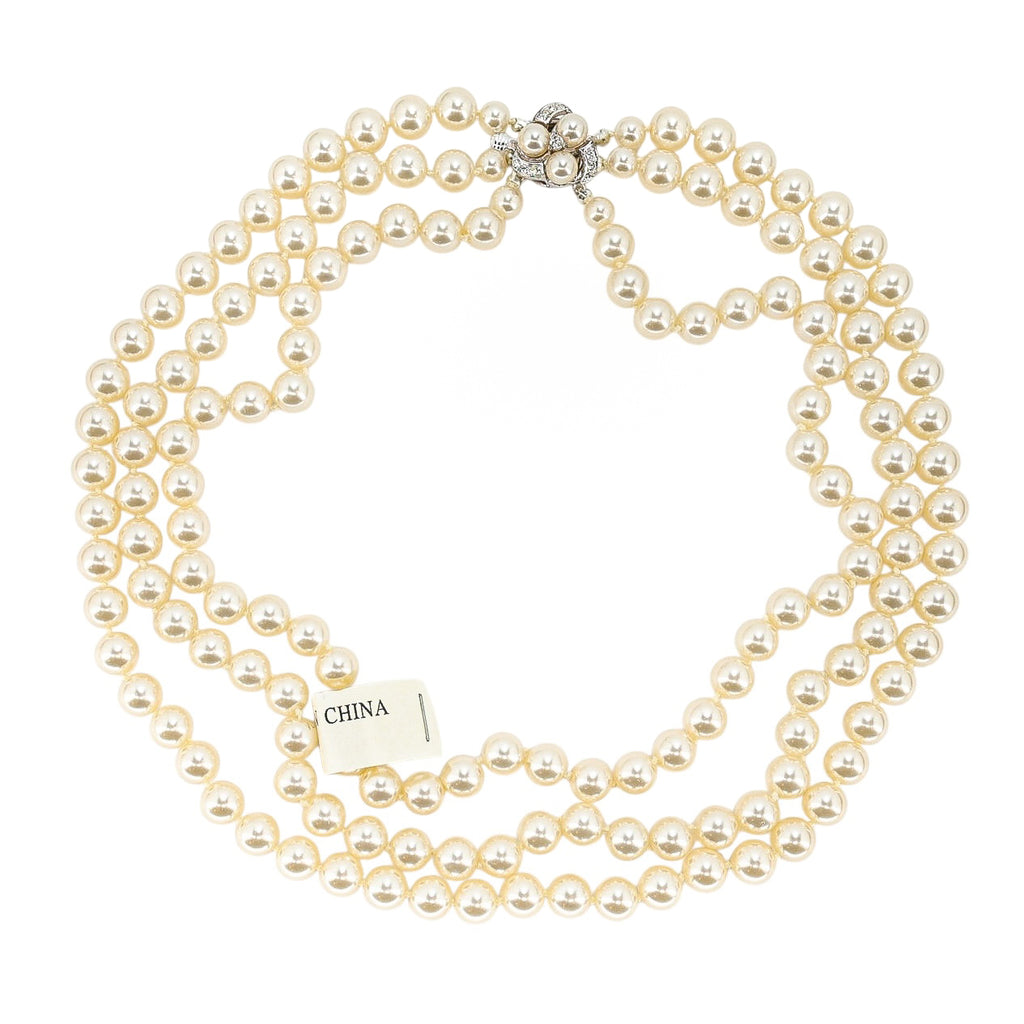 Classic Triple-Strand Faux Pearl Choker Necklace with Rhinestone Clasp