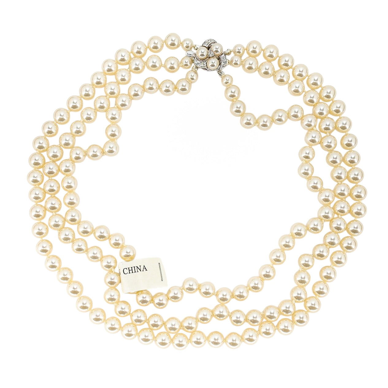 Classic Triple-Strand Faux Pearl Choker Necklace with Rhinestone Clasp