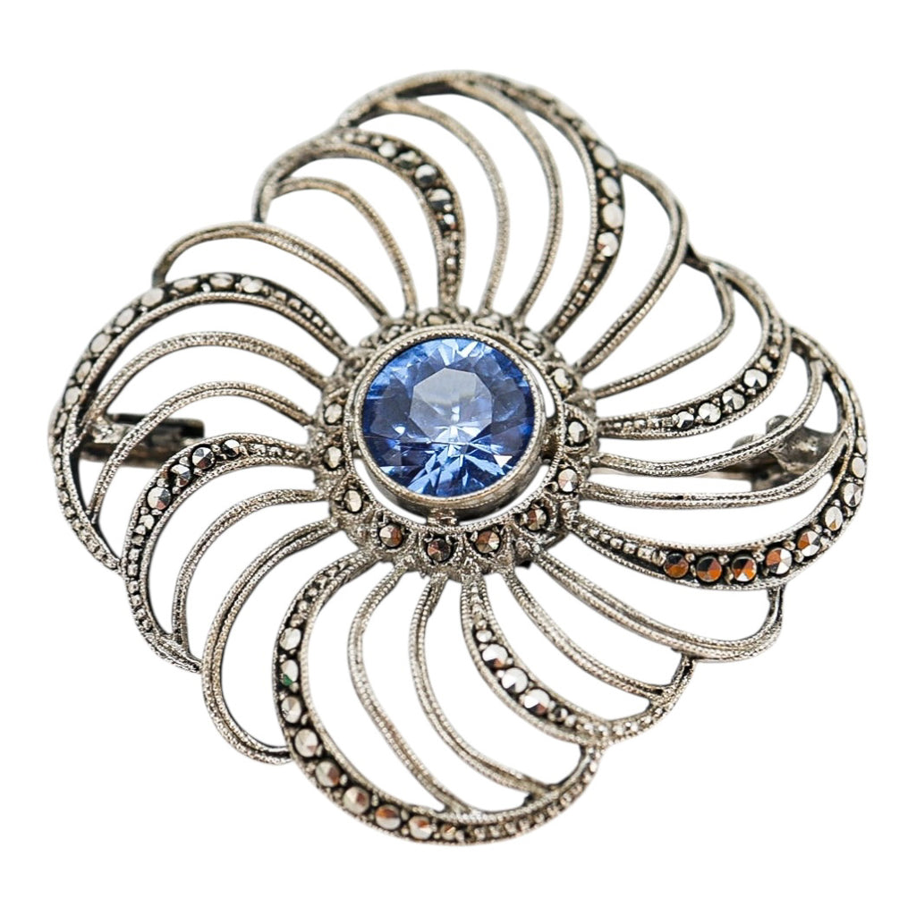 Vintage-Style Sterling Silver 925 Marcasite Flower Brooch - Blue Faceted Glass Center, 1.5”