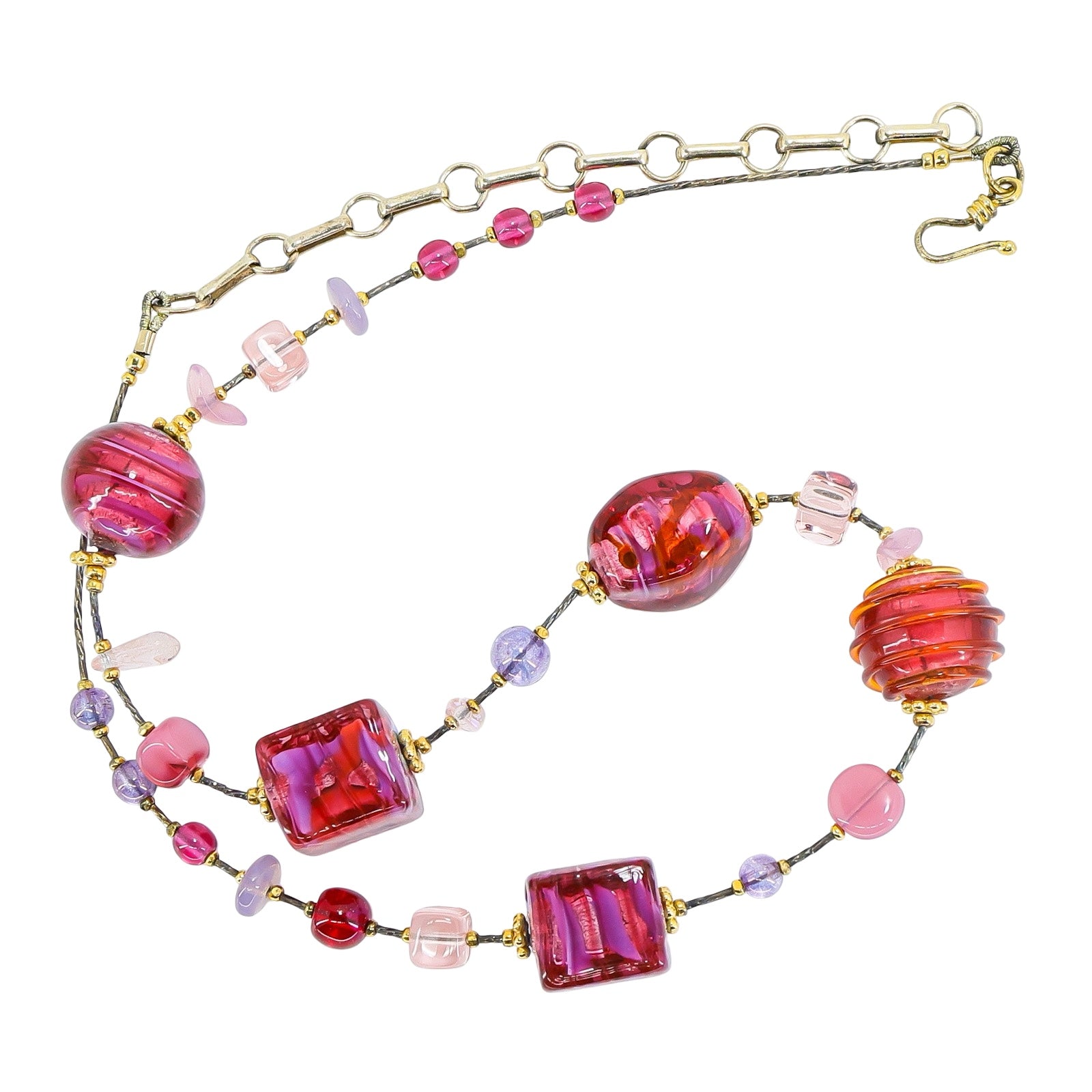 Vintage Murano Venetian Cranberry Glass Sommerso Foil Necklace, Sterling Silver 925, Mid-Century Lampwork